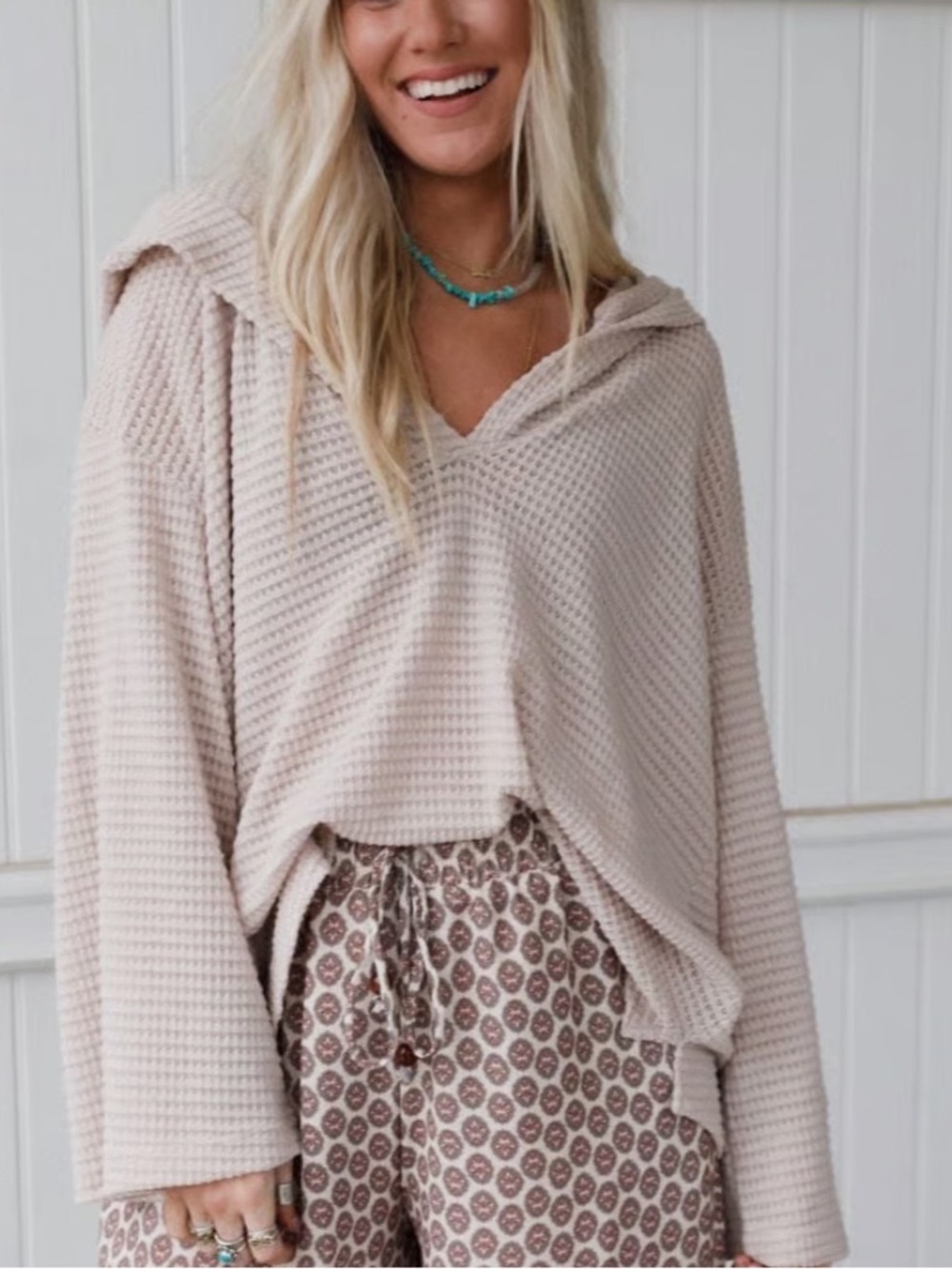 Three Bird Nest Serene Textured Waffle Knit Hoodie Top Oatmeal L